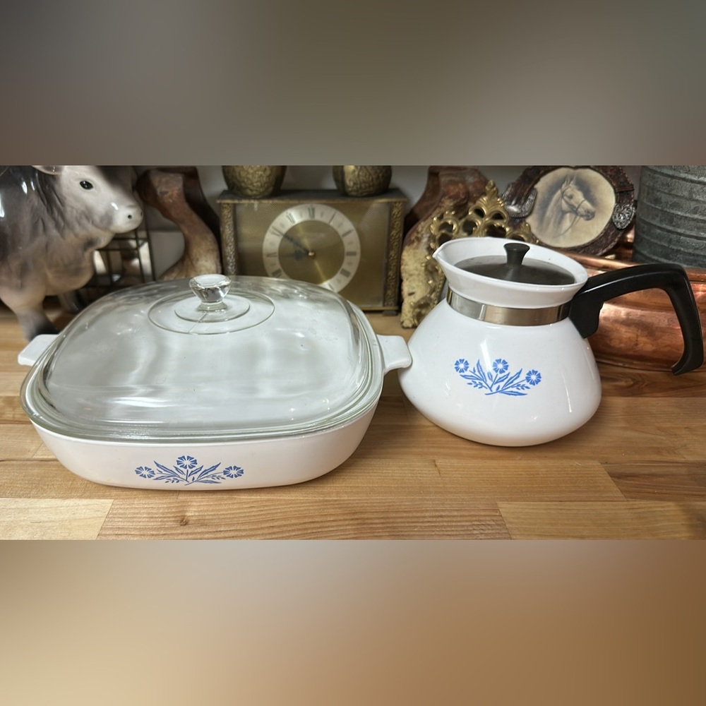 CorningWare White and Blue Floral Casserole Dish and coffee/tea pitcher